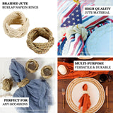 4 Pack | Rustic Burlap Napkin Rings, Handmade Braided Farmhouse Napkin Holders - Natural