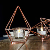 16" Rose Gold Geometric Candle Holder Set | Linked Metal Geometric Centerpieces with Votive Glass Holders