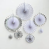 Set of 8 | Silver | White Paper Fan Decorations | Paper Pinwheels Wall Hanging Decorations Party Backdrop Kit | 4" | 8" | 12" | 16"