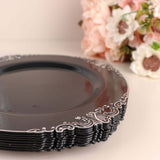 10 Pack | 8inch Black Silver Leaf Embossed Baroque Plastic Salad Dessert Plates