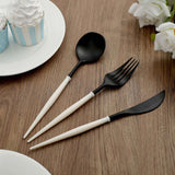 24 Pack | 8inch Black With Ivory Handle Silverware Set, Modern Premium Plastic Utensil Set