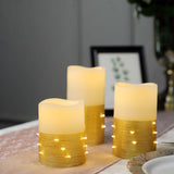 Set of 3 | Gold Flameless Candles With LED String Light | Battery Operated LED Pillar Candle Lights with Remote Timer - 4"|5"|6"