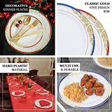 10 Pack | White With Royal Blue Rim 10inch Plastic Dinner Plates, Round With Gold Vine Design