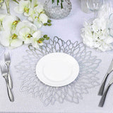 6 Pack Silver Vinyl Placemats, Decorative Floral Non-Slip Round Dining Table Mats 15"