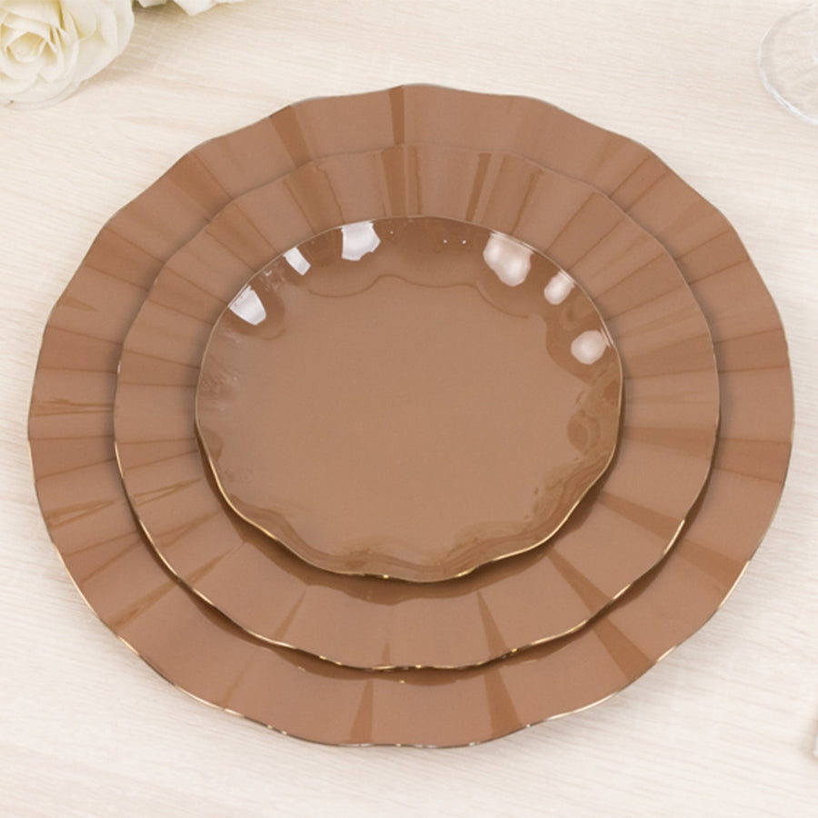 10-Pack Plastic Round 6" Dessert Plates in Coffee Brown Ruffled Rim with Gold Edging - Sturdy Disposable Salad Appetizer Dinnerware