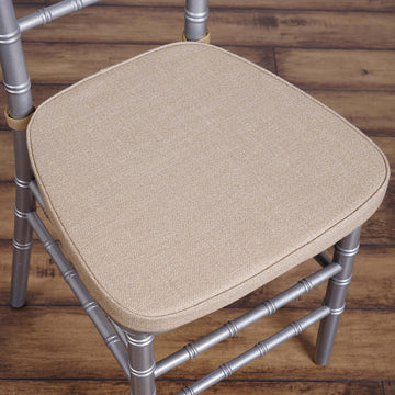 Natural Burlap Chair Cushion with Soft 2" Thick Pad and Ties - Rustic Removable Cover for Chiavari Chairs