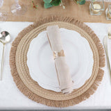 15inch Round Natural Rustic Burlap Jute Placemats Fringed Edges, Farmhouse Placemats with Trim