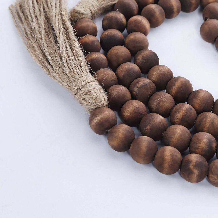 55" Brown Rustic Boho Chic Wood Bead Garland With Tassels, Farmhouse Country Wood Bead Chain