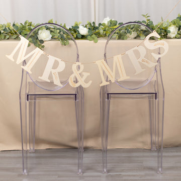 10ft Natural Pre-Strung Mr & Mrs Wooden Letter Banner with Botanical Design, Handmade Rustic Wedding Anniversary Garland
