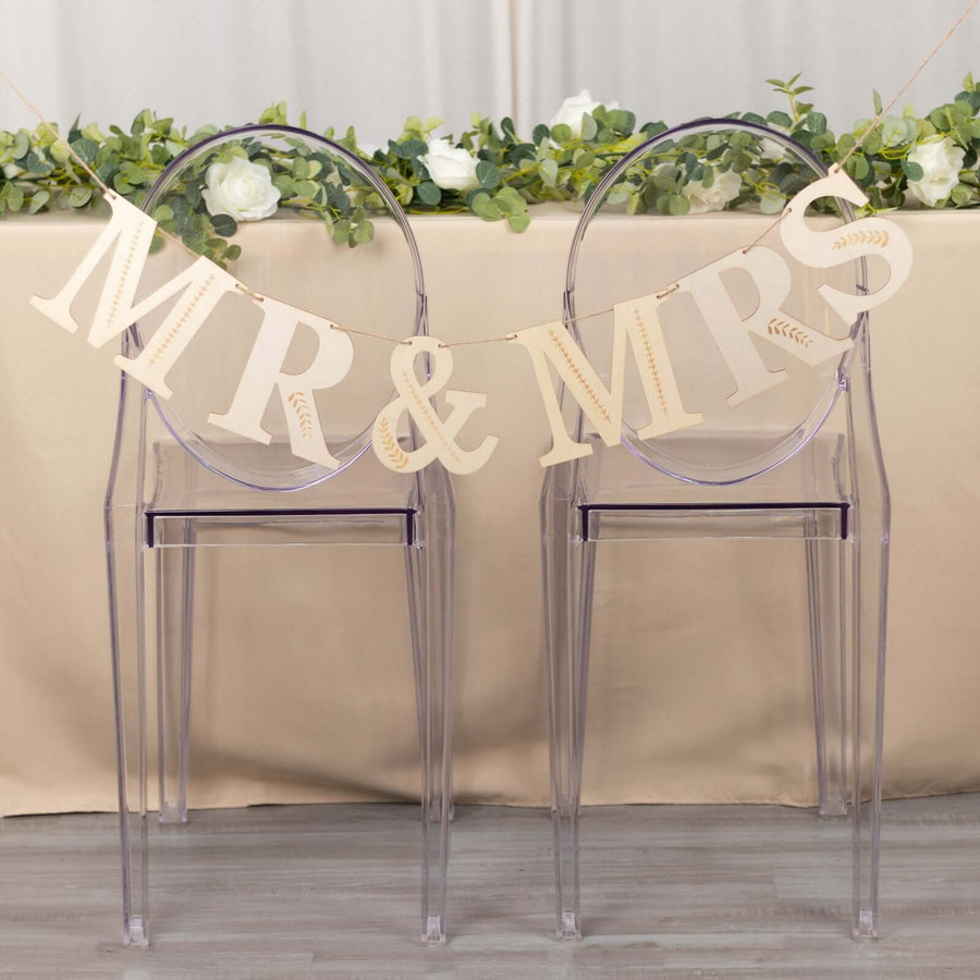 10ft Natural Pre-Strung Mr & Mrs Wooden Letter Banner with Botanical Design, Handmade Rustic Wedding