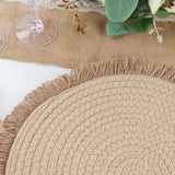 15inch Round Natural Rustic Burlap Jute Placemats Fringed Edges, Farmhouse Placemats with Trim