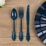 72 Pack Navy Blue Plastic Silverware Set in Baroque Style, Heavy Duty Disposable Forks