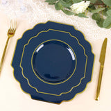 11inch Navy Blue Plastic Dinner Plates, Disposable Tableware, Baroque Heavy Duty Plates Gold Rim