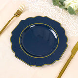 8inch Navy Blue Hard Plastic Dessert Appetizer Plates, Baroque Heavy Duty Salad Plates with Gold Rim