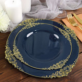 10inch Navy Blue Leaf Embossed Baroque Plastic Dinner Plates, Disposable Vintage Round Dinner Plates