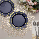 8inch Navy Blue Plastic Dessert Salad Plates, Disposable Tableware Round With Gold Scalloped Rim