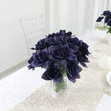 12 Bushes | Navy Blue Artificial Premium Silk Blossomed Rose Flowers | 84 Roses