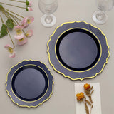 8inch Navy Blue Plastic Dessert Salad Plates, Disposable Tableware Round With Gold Scalloped Rim