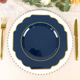 11inch Navy Blue Plastic Dinner Plates, Disposable Tableware, Baroque Heavy Duty Plates Gold Rim