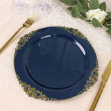 10inch Navy Blue Leaf Embossed Baroque Plastic Dinner Plates, Disposable Vintage Round Dinner Plates