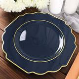 11inch Navy Blue Plastic Dinner Plates, Disposable Tableware, Baroque Heavy Duty Plates Gold Rim