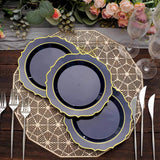 8inch Navy Blue Plastic Dessert Salad Plates, Disposable Tableware Round With Gold Scalloped Rim