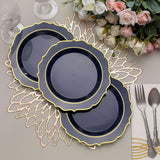 8inch Navy Blue Plastic Dessert Salad Plates, Disposable Tableware Round With Gold Scalloped Rim