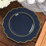 8inch Navy Blue Hard Plastic Dessert Appetizer Plates, Baroque Heavy Duty Salad Plates with Gold Rim