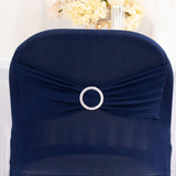 Navy Blue Spandex Folding Chair Covers with Silver Rhinestone Buckled Sash Band