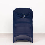 Navy Blue Spandex Folding Chair Covers with Silver Rhinestone Buckled Sash Band