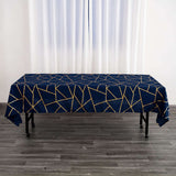 60"x102" Navy Blue Rectangle Polyester Tablecloth With Gold Foil Geometric Pattern