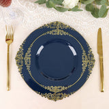 10 Pack 8inch Navy Blue Plastic Salad Plates With Gold Leaf Embossed Baroque Rim, Round Disposable