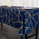 60"x102" Navy Blue Rectangle Polyester Tablecloth With Gold Foil Geometric Pattern