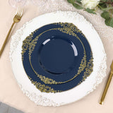 10inch Navy Blue Leaf Embossed Baroque Plastic Dinner Plates, Disposable Vintage Round Dinner Plates