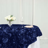 72x72inch Navy Blue 3D Rosette Satin Table Overlay, Square Tablecloth Topper