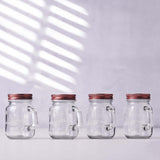 4 Pack | 4oz Rustic Clear Glass Mason Jars With Handles & Rose Gold Screw On Lids