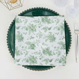 5 Pack Dusty Sage Green Floral Cloth Napkins in French Toile Pattern, Reusable Polyester Dinner