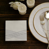 White Silver Airlaid Linen-Feel Paper Cocktail Napkins, Disposable Beverage Napkins Silver Foil