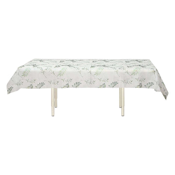 Non-Woven Tablecloth Rectangle White/Green with Olive Leaves Print - Perfect Disposable Table Cover for Summer 60"x102"