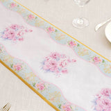 11x108inch White Pink Non-Woven Peony Floral Table Runner with Gold Edges, Spring Summer Kitchen