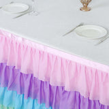 14ft Rainbow Chiffon Ruffled Tutu Table Skirt with Satin Backing, 5-Tier Gradient Unicorn Themed