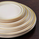 10 Pack | 10inch Très Chic Gold Rim Ivory Disposable Dinner Plates, Plastic Party Plates