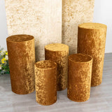 Set of 5 Gold Crushed Velvet Cylinder Pedestal Stand Covers, Premium Pillar Prop Covers