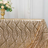 90x156inch Gold Wave Mesh Rectangular Tablecloth With Embroidered Sequins