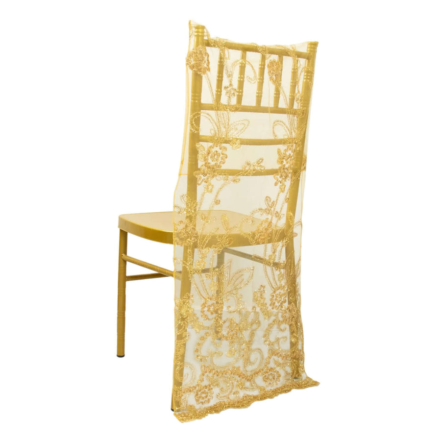 Gold Organza Floral Sequin Embroidered Chiavari Chair Back Slipcover