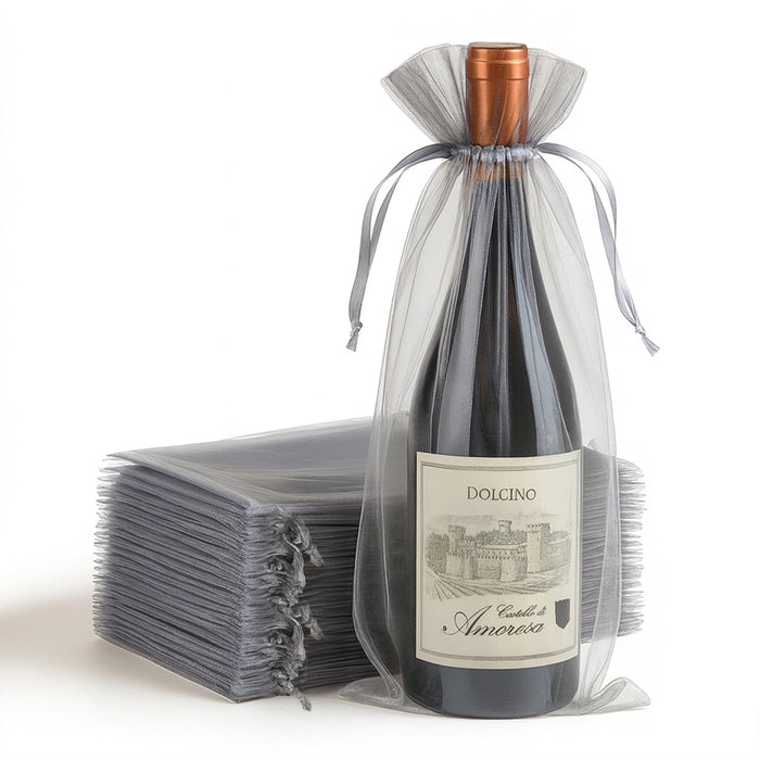 Dolcino wine bottle in a decorative mesh bag with multiple bags in the background.