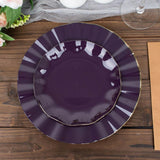 10-Pack Plastic Round 6" Dessert Plates in Purple Ruffled Rim with Gold Edging - Sturdy Disposable Salad Appetizer Dinnerware