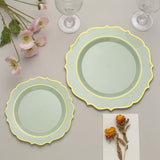 8inch Sage Green Plastic Dessert Salad Plates, Disposable Tableware Round With Gold Scalloped Rim