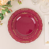 10 Pack | 10inch Burgundy With Gold Vintage Rim Disposable Dinner Plates With Embossed 