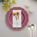 11inch Burgundy Heavy Duty Disposable Baroque Dinner Plates with Gold Rim, Hard Plastic Dinnerware